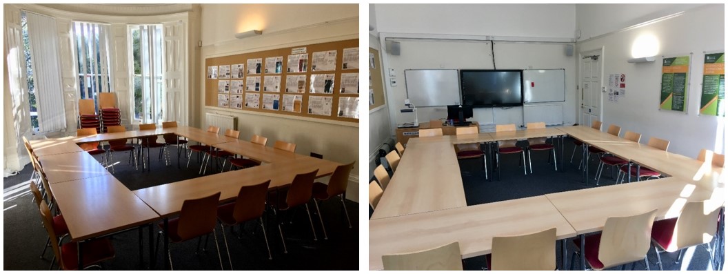 Classroom with tables and chairs.